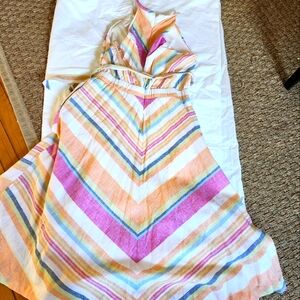 Linen chevron stripe summer maxi dress sz M preppy